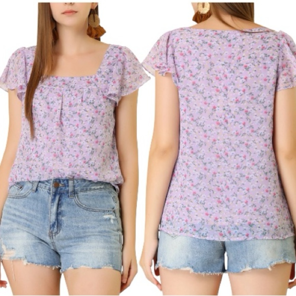 Chiffon Floral Embroidered Square Neck Short Sleeve Ruffle Shirt SIZE MEDIUM NWT